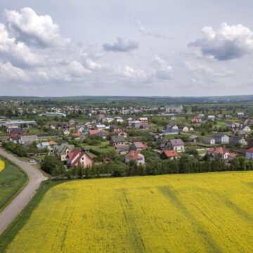 Aerial view of ground road in green fields with blooming rapeseed plants, suburb houses on horizon and blue sky copy space background. Drone photography. „Nasza wieś, naszą wspólną sprawą” – ruszył nabór